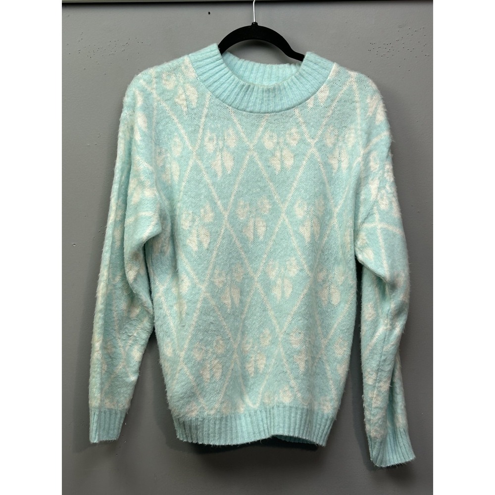 Vintage‎ Spunky Sweater Womens Large Blue White Argyle Fuzzy Knit Pullover 80s